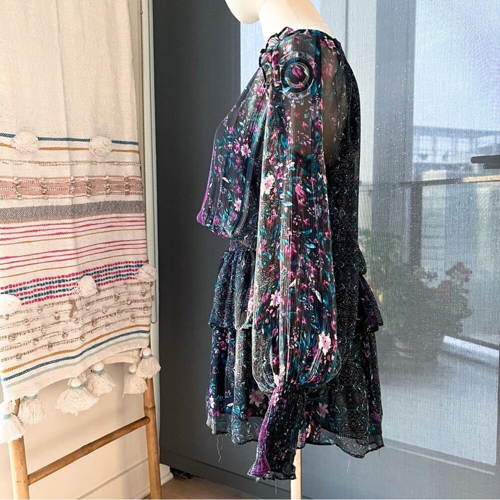 Ramy Brook Logan Floral Long Puff Sleeve 100% Silk Mini Dress Women’s Size Small - Picture 4 of 8